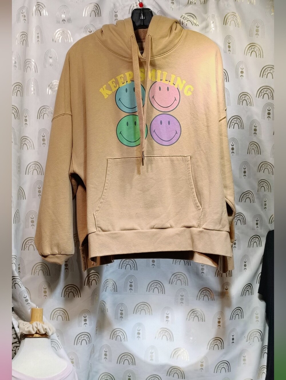 American Eagle Outfitters Tan Hoodie with Pastel Smiley Faces